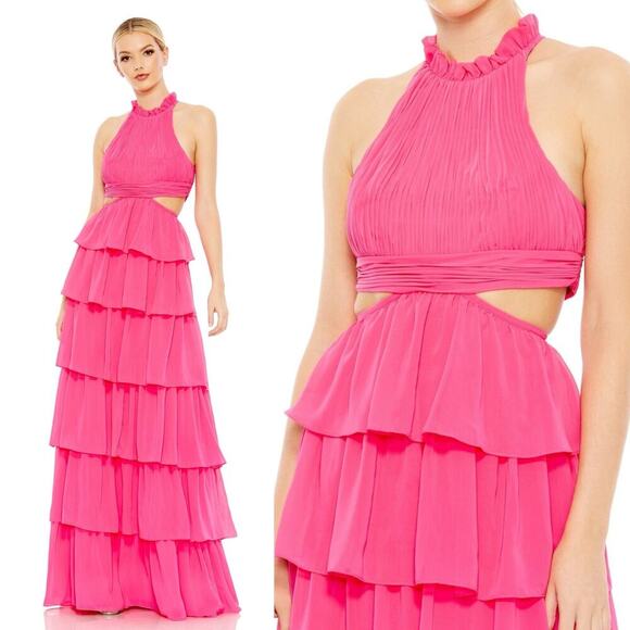 Mac Duggal High Neck Cut Out Tiered Skirt Maxi Gown NWT Fuchsia Pink Size 4 - Picture 1 of 9